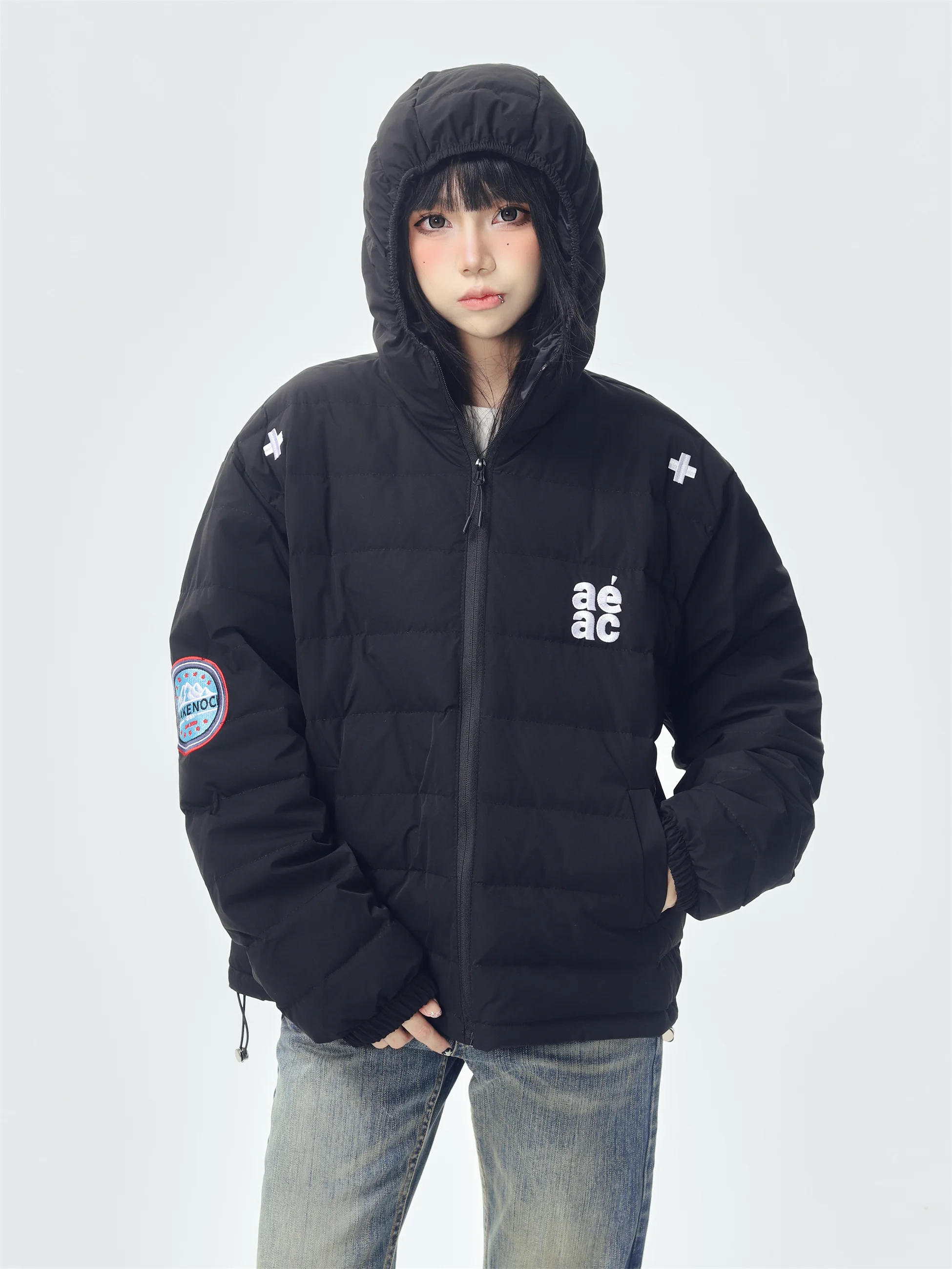 

KESOAK American Retro Embroidered Hooded Ribbed down Jaet Winter Casual Warmth Outerwear Women's Faion Polyester Filling