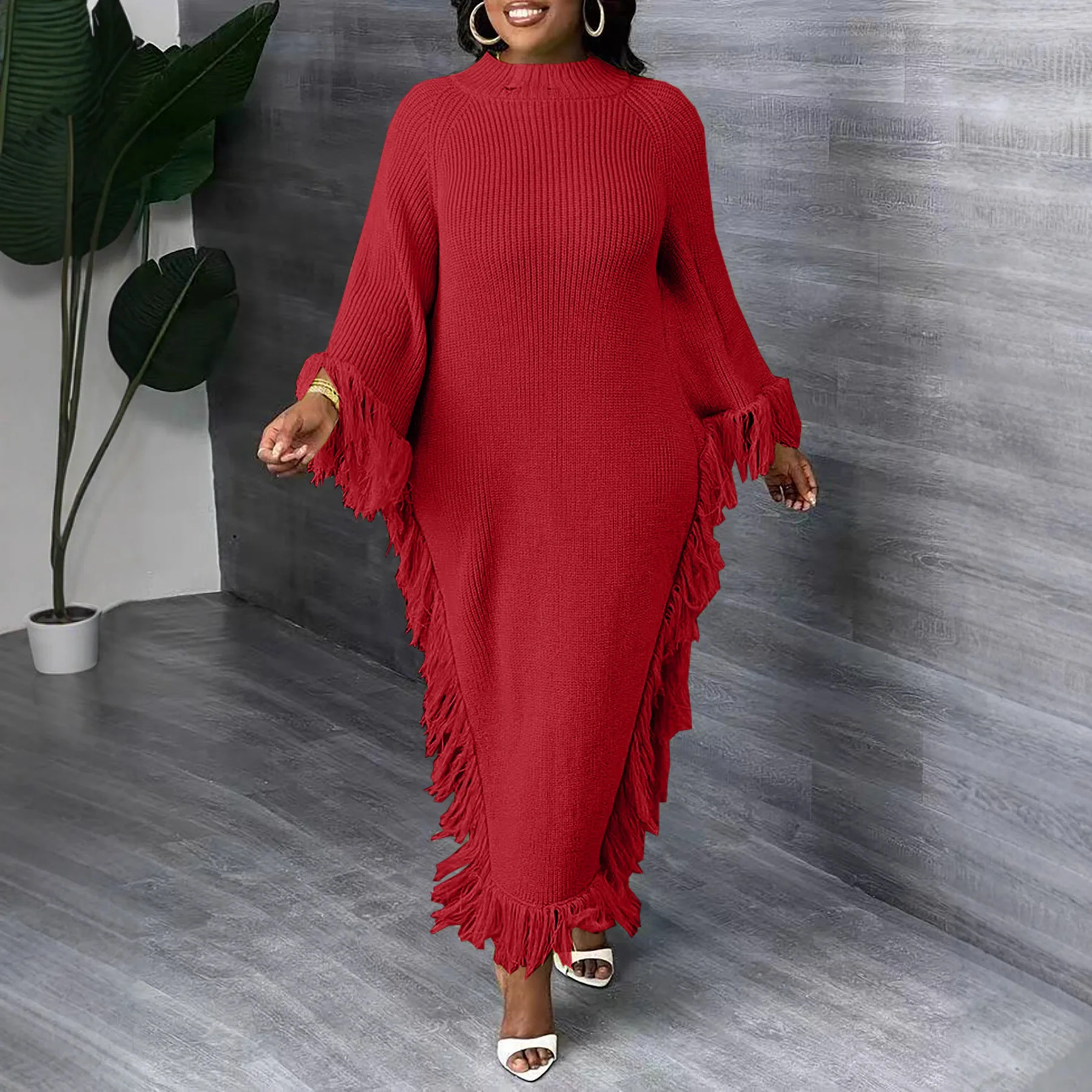 Long Dress Women Dresses Solid Vestidos Y2k Streetwear Mock Neck Full Sleeve Tassel Elegant Splice Party Night Work 2026 Spring