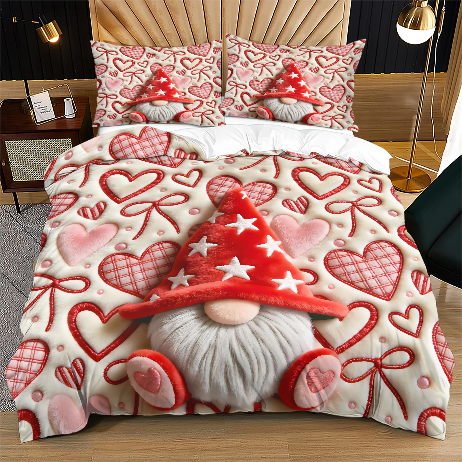 Valentine Gnome Duvet Cover Set Cute Gnome With Red Star Hat Plaid Hearts & Bow Knot All‑Over Print Bedding Set