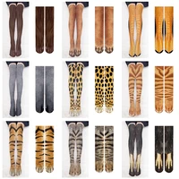 Medias por encima de la rodilla con estampado 3D de patas de animales para mujer, medias divertidas de seda hasta el muslo con patas de gato, perro y tigre, Cosplay personalizado para chica