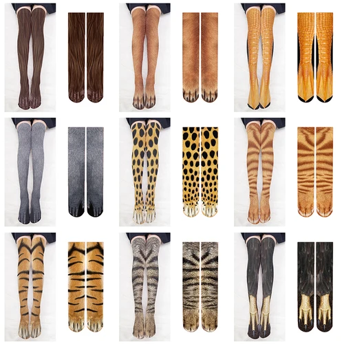 Medias por encima de la rodilla con estampado 3D de patas de animales para mujer, medias divertidas de seda hasta el muslo con patas de gato, perro y tigre, Cosplay personalizado para chica