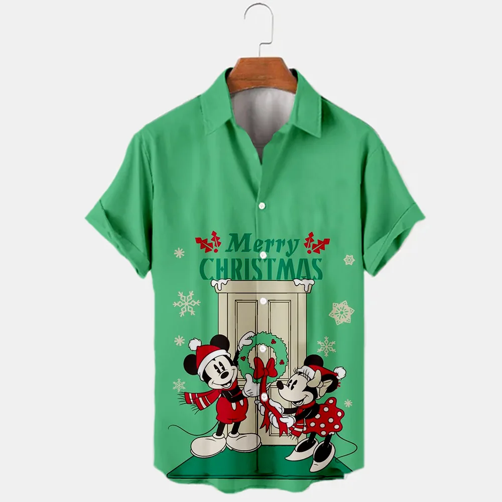 2022 New Christmas Disney Brand Stitch and Mickey Anime 3D Printed Men\'s Lapel Short Sleeve Shirt Harajuku Style Slim Top Y2K