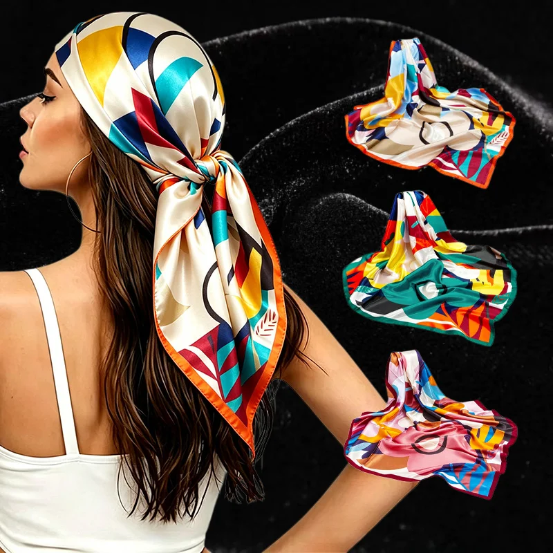 90cm Geometric Print Satin Square Scarf Modern artistic headscarf women urban chic accessory Beige orange geometric satin scarf