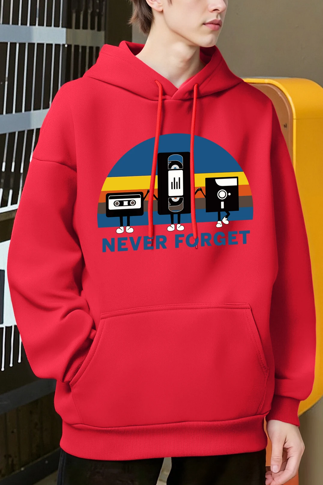 Never Forget Walkman Bedruckte Hoodies Herren Fleece Übergroße Streetwear Fashion Pocket Hoody Herbst Freizeitkleidung Allgleiches