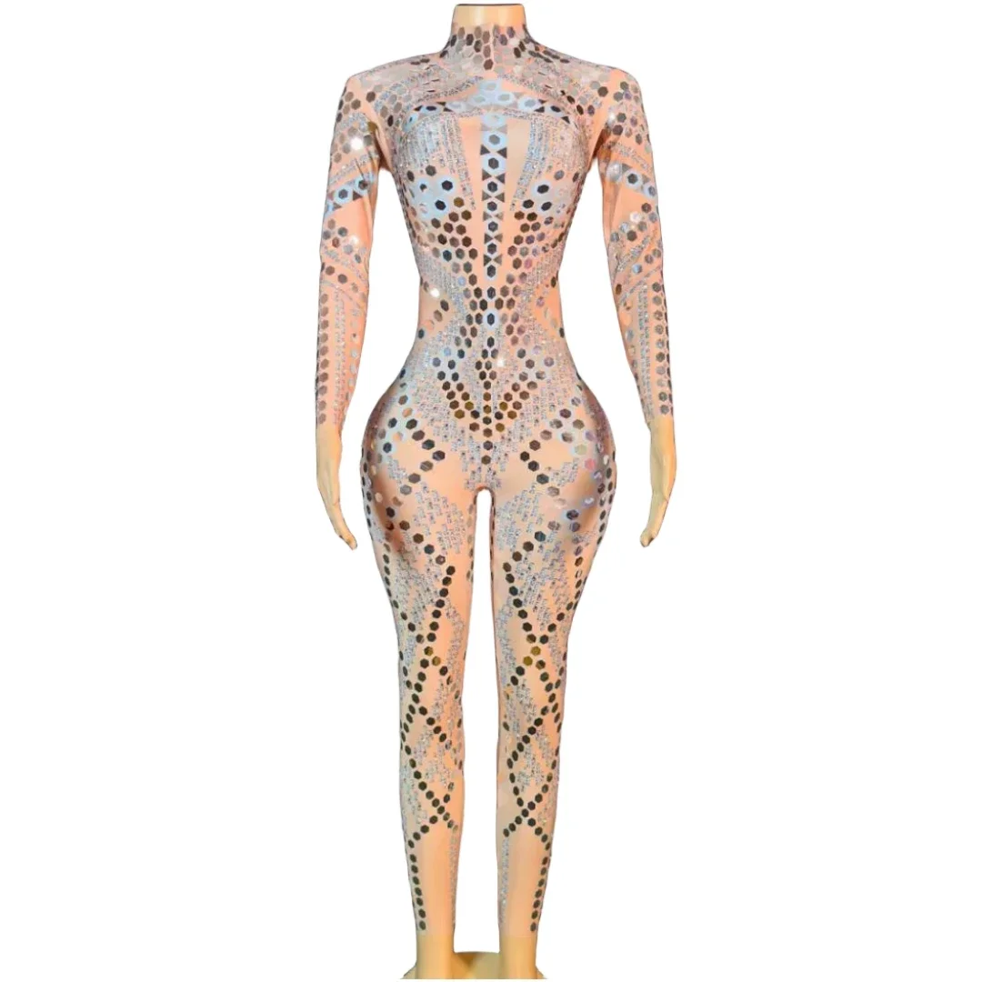 

Silver Sequins Women Stretch Jumpsuits Dance Costume Stunning Show Girl DJ DS Night Club Stage Wear