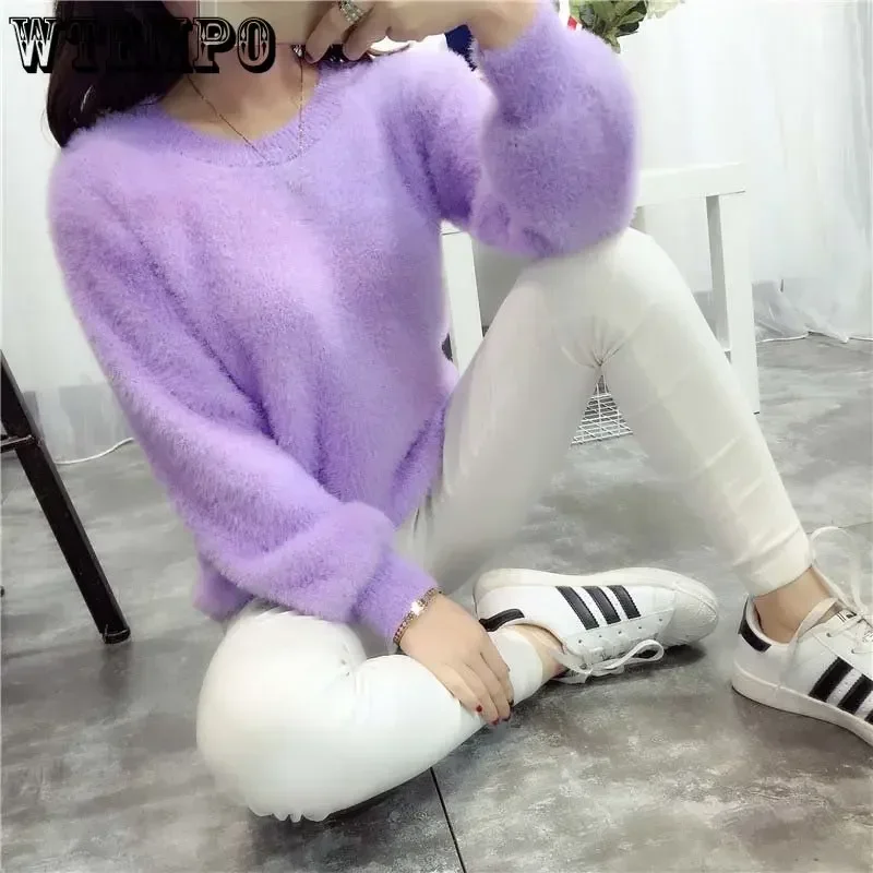 Mohair Knitted Pullover Purple Sweater Jumpers Girl Solid Color Loose Short Top Keep Warm Sweet College Style Wholesale