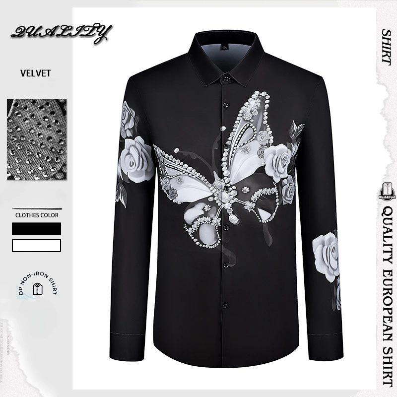 

Luxury High-end Bows Rhinestone Shirt Men No Ironing Casual Business Dress Shirts Social Banquet Party Stage Nightclub Costumes