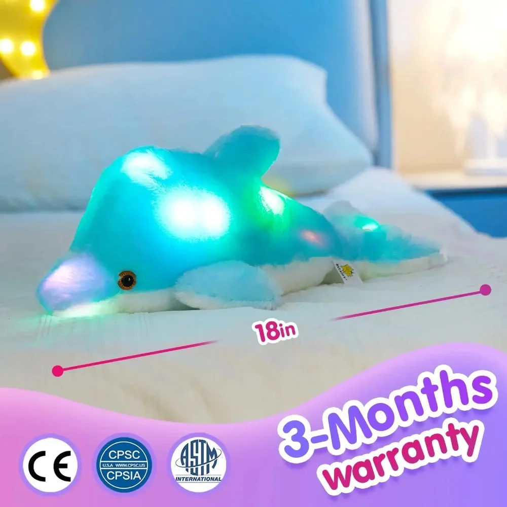 18in Soft Blue Dolphin Plush Toy Throw Pillows Gift for Girls Kids Cute Soft PP Cotton Luminous Glowing Stuffed Animals Sleeping