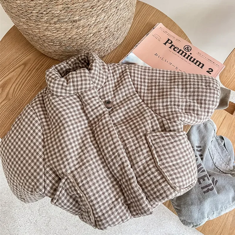 

deer jonmi 2024 New Winter Toddlers Kids Plaid Thicken Coats Korean Style Fleece Lining Children Warm Outerwear