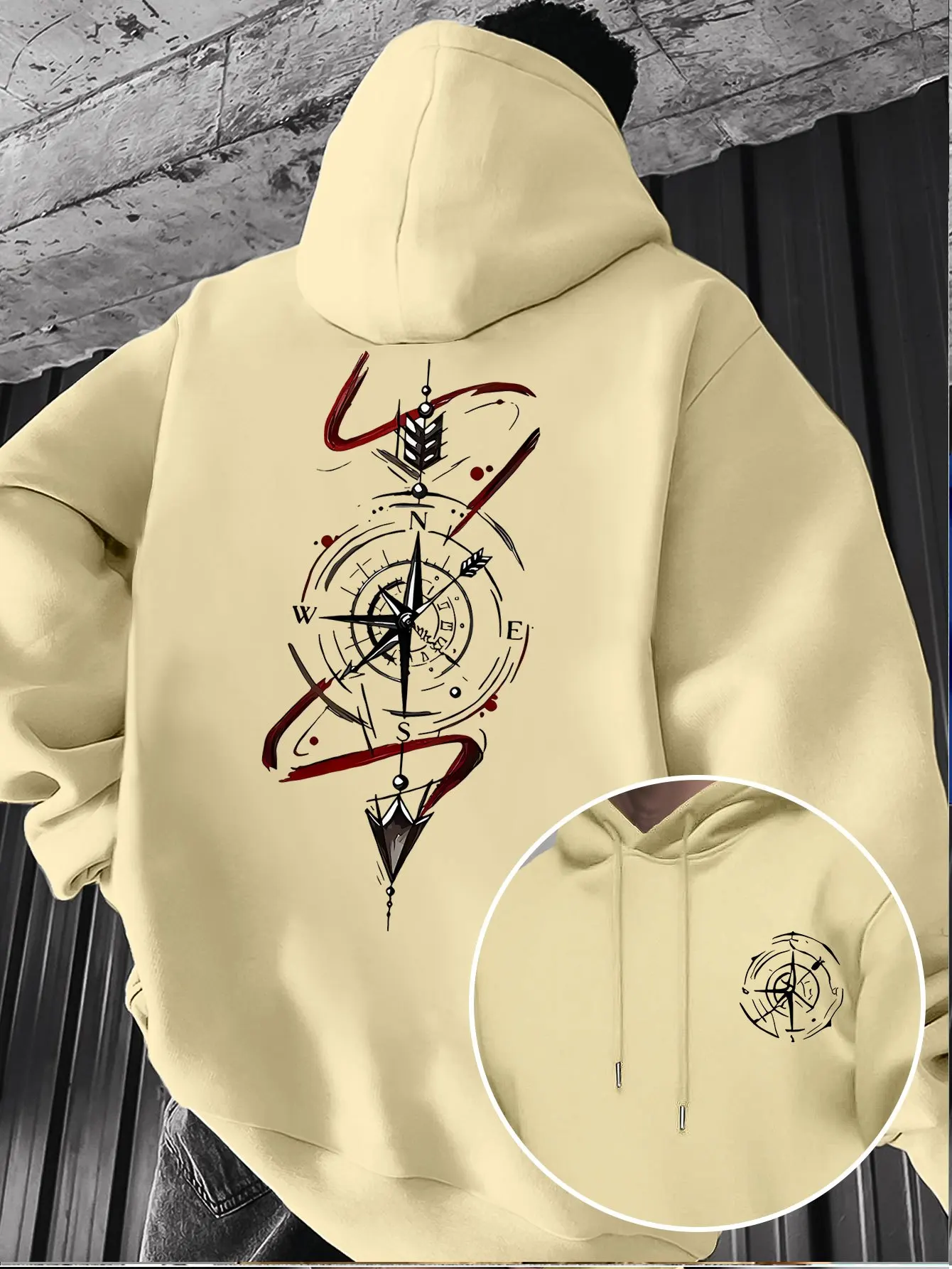 Retro Compass Arrow Fashion Print Men Hooded Sweatshirt Autumn and Winter Daily Outdoor Sports Loose Fitness Casual Street Style