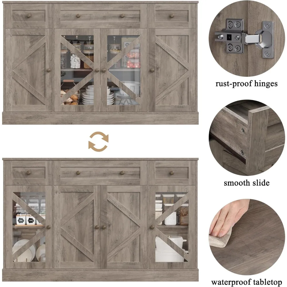 Buffet Sideboard 55" Large Storage Cabinet 4 Doors and 3 Drawers, Farmhouse Wooden Coffee Bar Space-Saved Cupboard Furniture fo