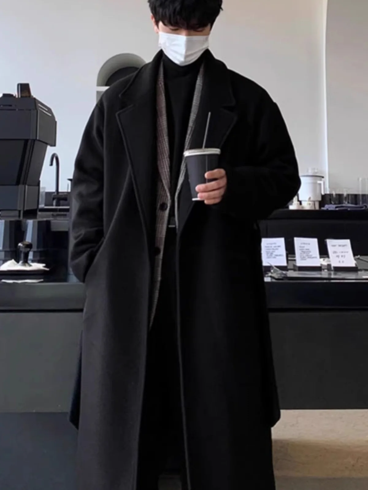 

elby Over-Knee Woolen Coat Men Autumn Winter Mid-Length Thi Korean Sle Woolen Jaet Warm Windbreaker Long Sve