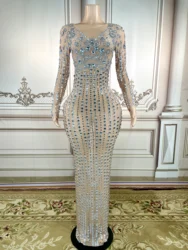 Big Rhinestones Pearls Sleeveless Long Sleeves Mesh Dress Transparent Dancer Performance Birthday Celebrate plus size