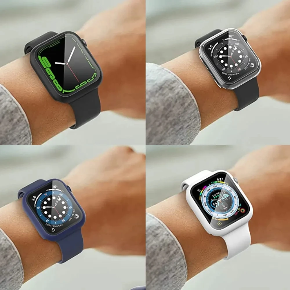 Kaca antigores + penutup untuk casing jam tangan Apple 45mm 41mm 44mm 40mm 42mm pelindung layar untuk Aksesori jam Apple Seri 8 7 6 Se 3