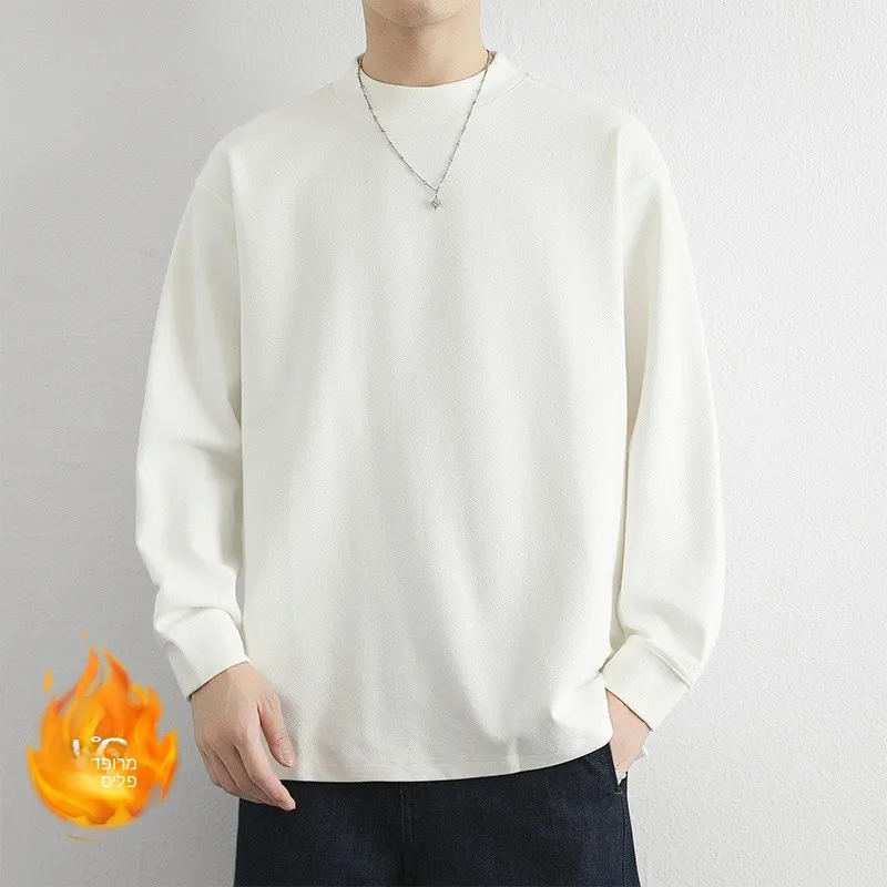 Fleece Lined Long Sleeve round Neck Pullover  Color T-Shirt Men's Warm Base Layer Shirt Casual Loose Fit Autumn Winter