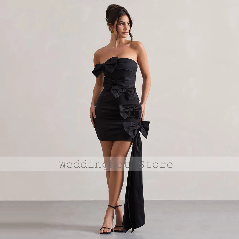 섹시한 칵테일 드레스 블랙 보우 Strapless 민소매 칼집 여성을위한 공식 파티 가운 Backless Draped Modern Cocktail Dresses