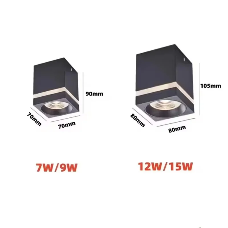 사각형 표면 밝기 조절 가능 LED COB 다운라이트, 실내 조명, 열림 없음, 천장 스포트라이트, 7W, 9W, 12W, 15W, AC110V, 220V