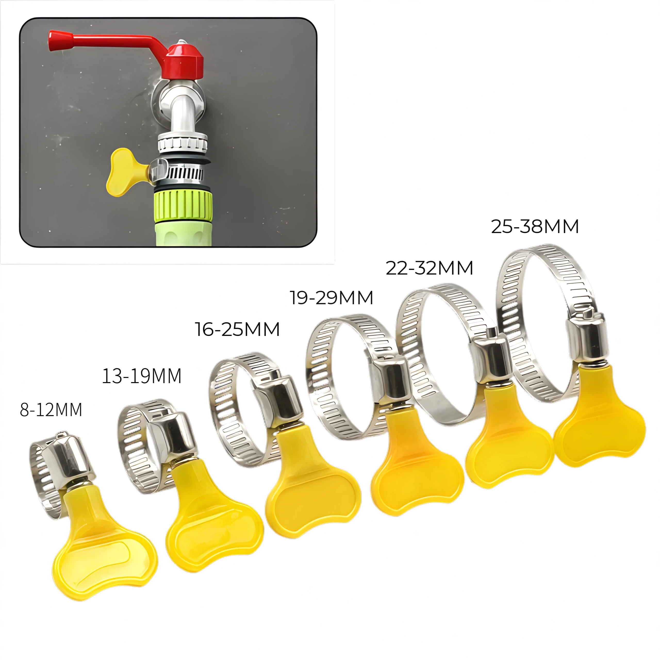 5 Adjustable Yellow Plastic Handles with Manual Twist Locking Clamp Stainless Steel Pipe Clamp for Air And Water Pipes 8-44mm