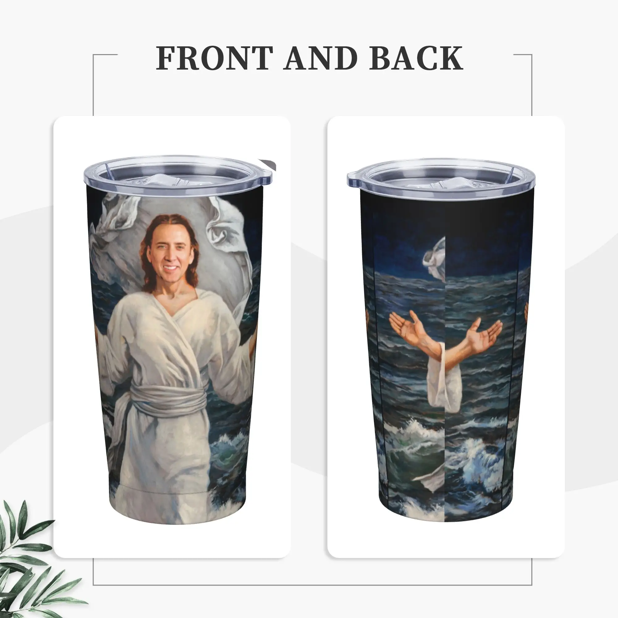 Nicolas Cage God on Water Insulated Tumbler with Straws Lid Meme Printed Vacuum Thermal Mug Double Wall Hot Cold Drinks Cup 20oz