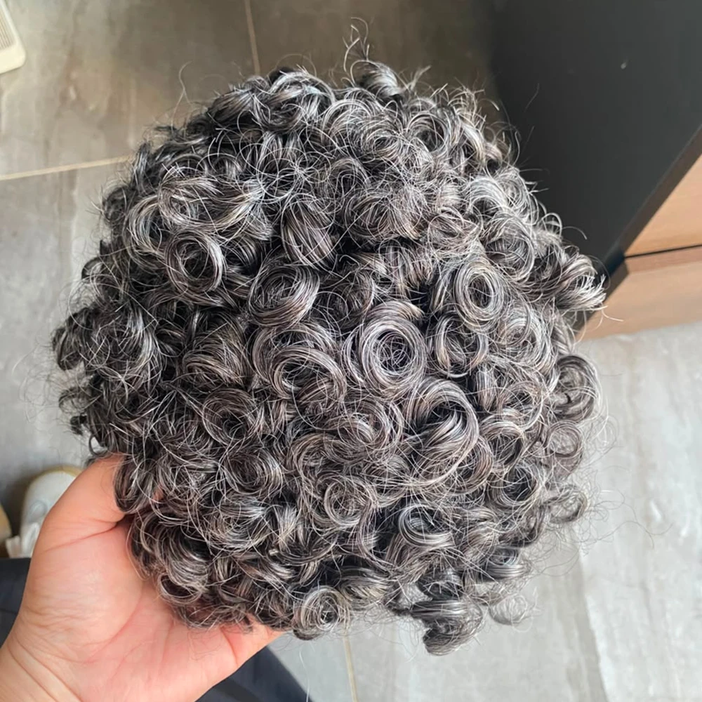 Men's 18mm Curly 100% Human Hair Full PU Skin Base Hair Prosthesis System Transparent Poly Brown Grey 1B40 1B50 Hair Replacement