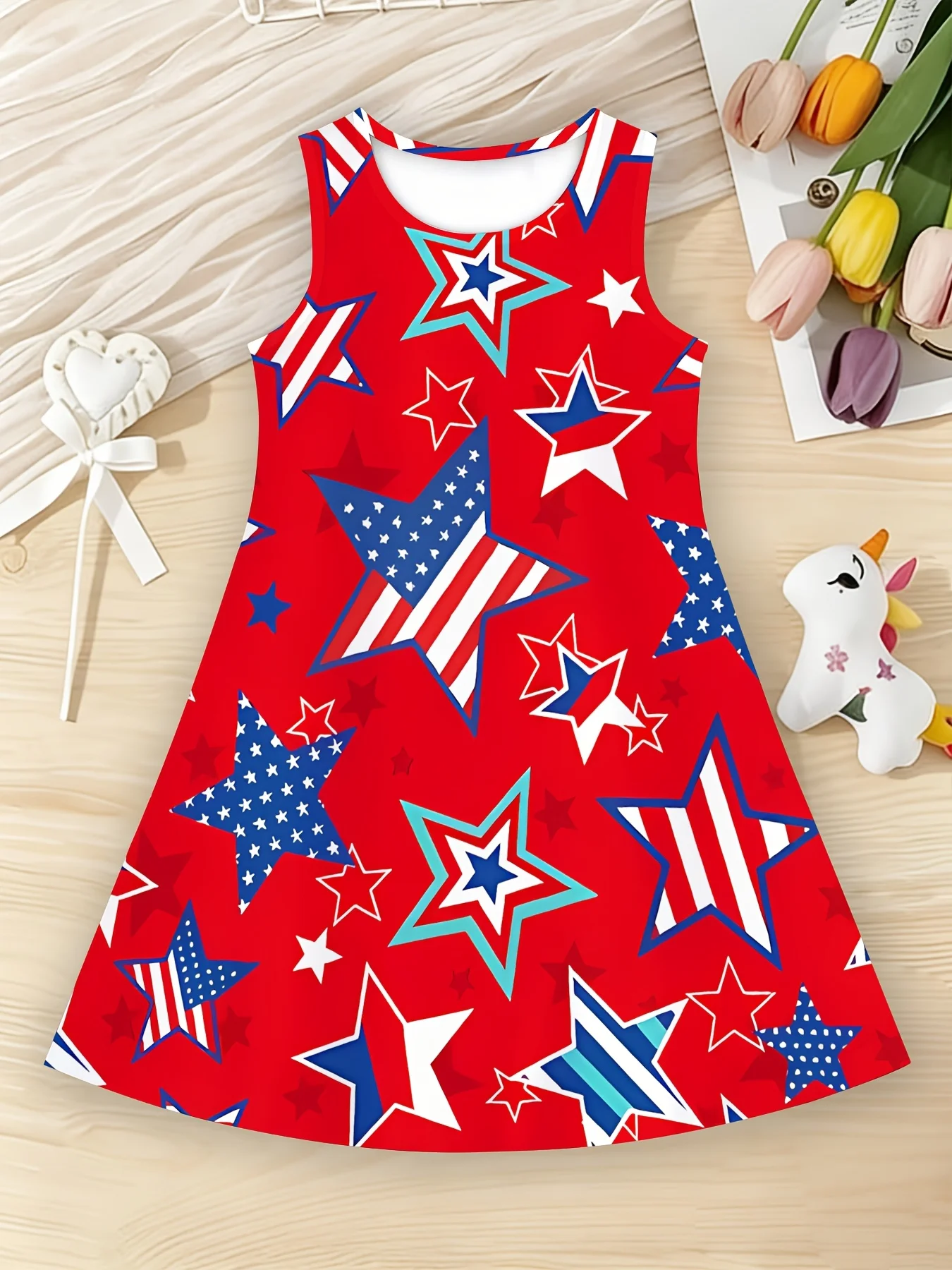 Summer Printed Star Pattern Sleeveless Tank Dress for Girls, Round Neck Casual Loose Fit Vintage Cute Sweet Style Dress