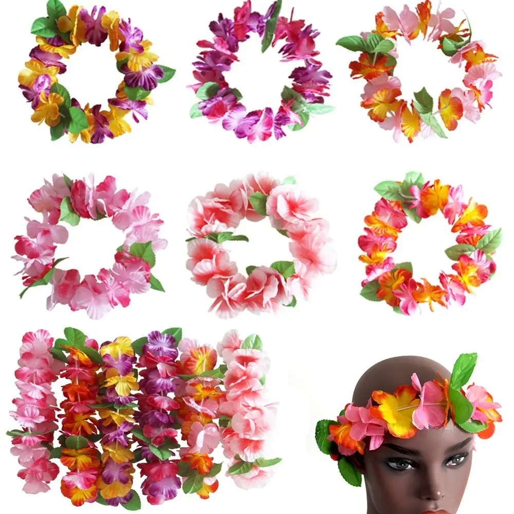 6PCS Tropical Beach Hawaiian Wreath Hot Party Supplies Aloha Theme Birthday Wreath Bracelet Costume Flowers Necklace Headband