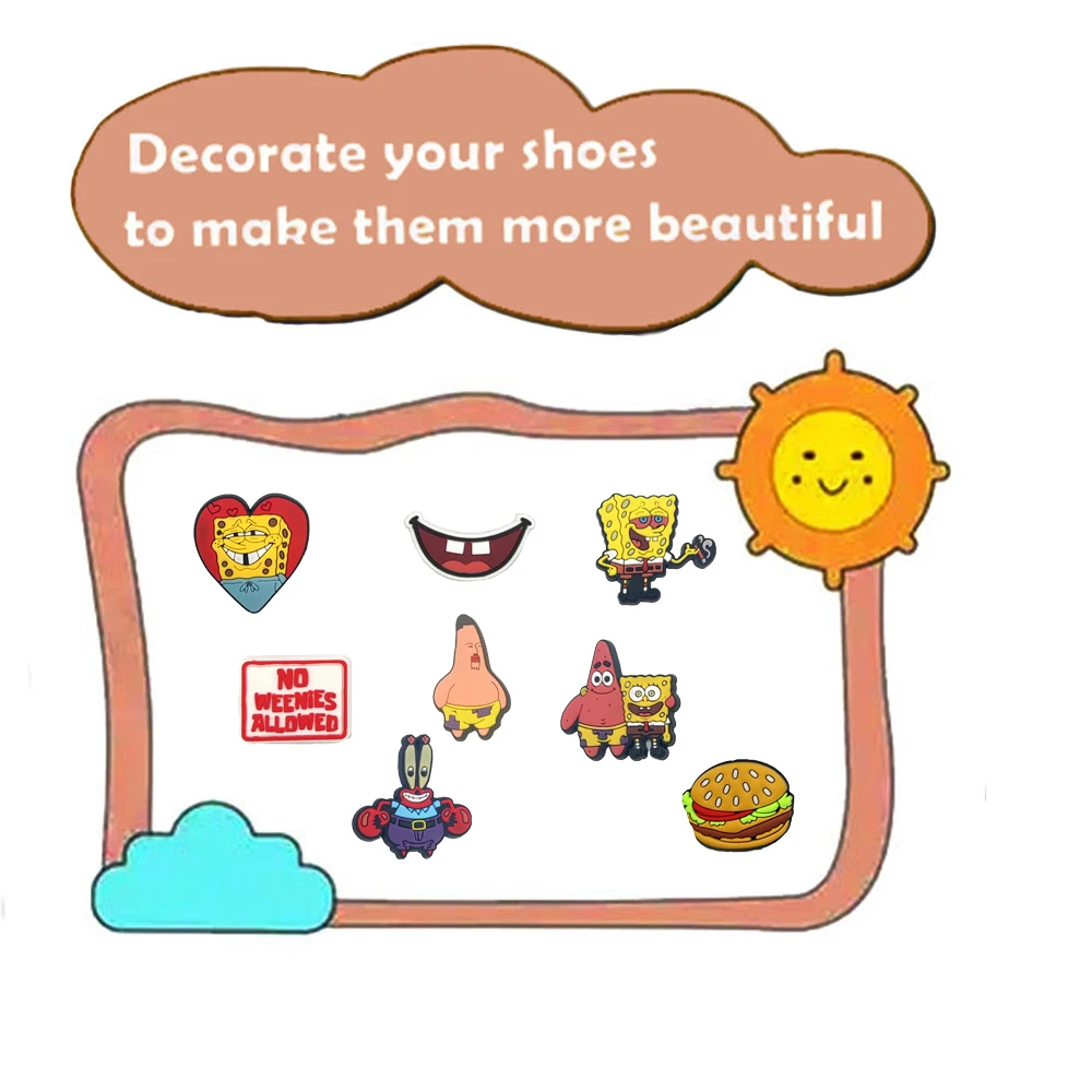 1-100 قطعة MINISO الكرتون الإسفنج سلسلة بولي كلوريد الفينيل إكسسوارات الأحذية صالح الأساور ثقب النعال الديكور DIY بها بنفسك إكسسوارات الأحذية للهدايا