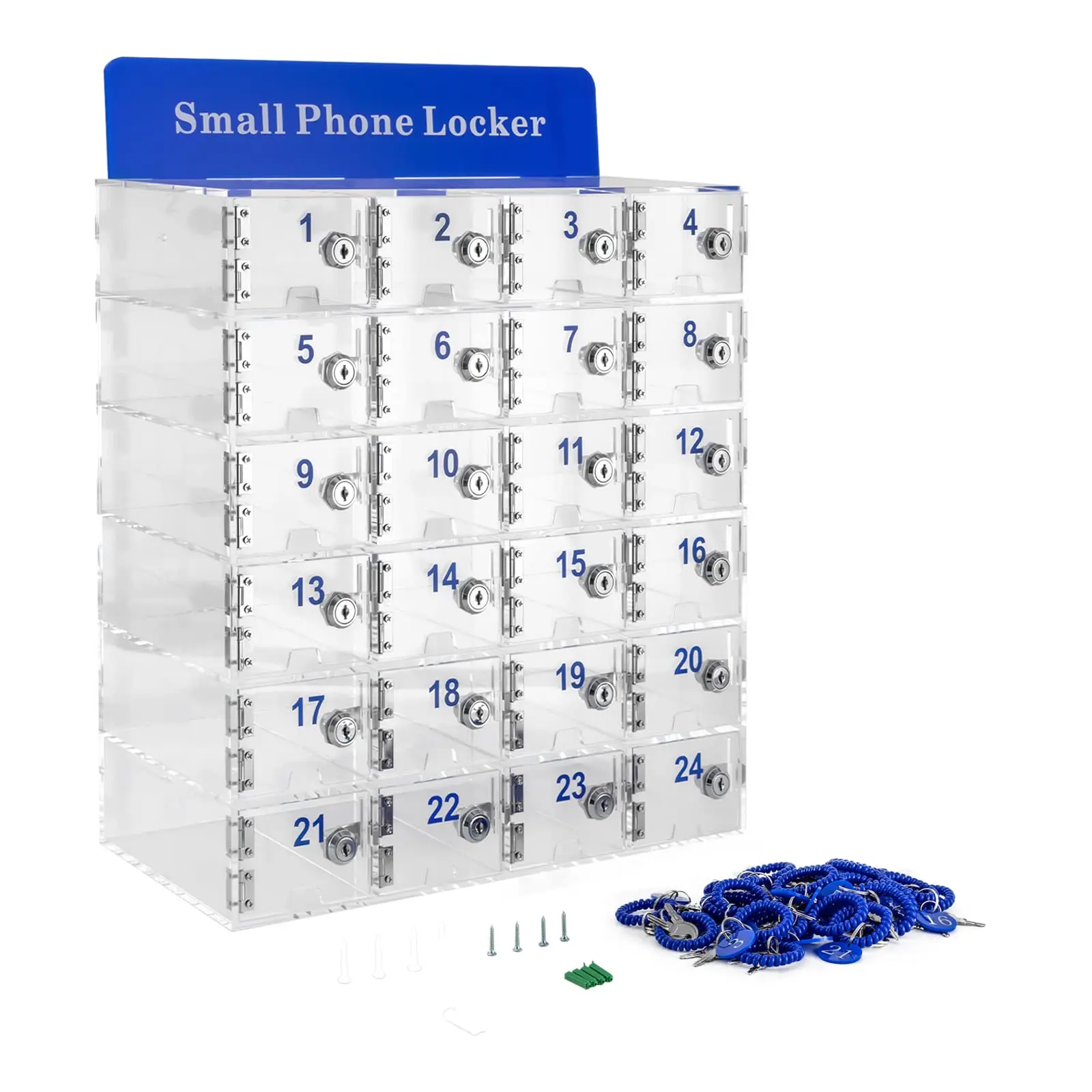 Loyalheartdy 24-слотовый шкафчик для хранения сотового телефона Прозрачный шкафчик для сотового телефона с ключами, настенное акриловое хранилище для сотовых телефонов