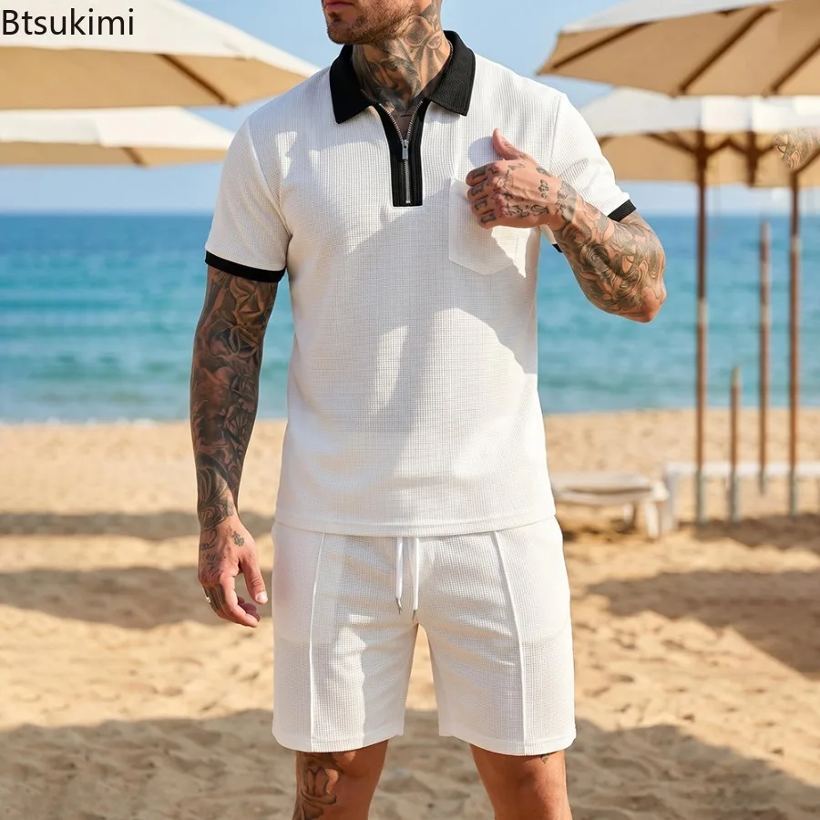 Mens Waffle Collar Polo Short Sleeved Shorts Set Beach Vacation Casual Set Summer Streetwear Daily Wear Set Fashion Men Clothing