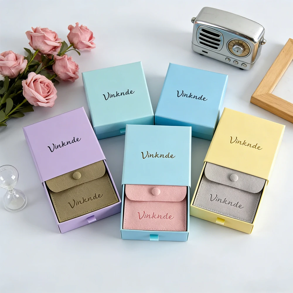 

9x9x2.5cm Bule Paper Earrings Drawer Box Custom Logo Cardboard Jewelry Packaging Case Inside 8x8cm Microfiber Snap Button Bags