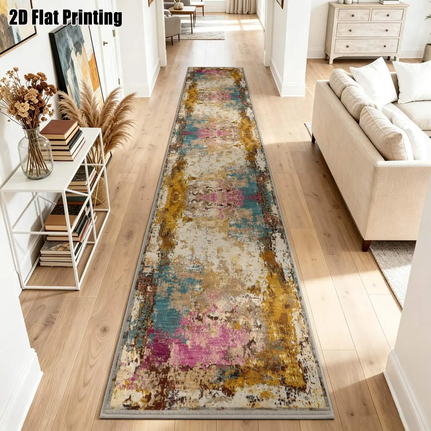 1Pc 2D Printed Long Strip Runner Carpet: Retro Pink-Yellow Geometric Pattern, European/Bohemian Styles, Machine Washable, Multi-Size, Ideal for Home Decor, Entryway, Hallway, Bedroom, Living Room