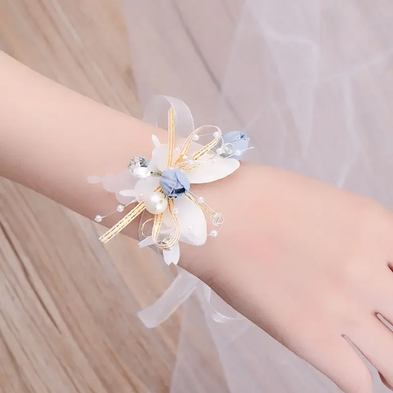 Wedding Pearl Crystal Wrist Flower Corsage Bridesmaid Hand Flowers Bracelet Bridal Marriage Prom Party Jewelry Accessories Gift