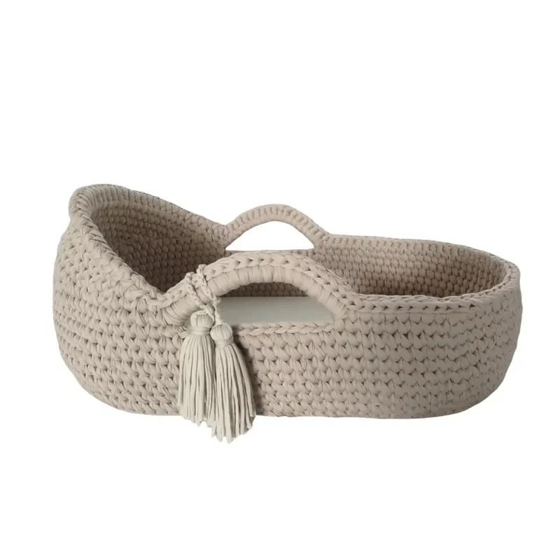 Handmade Crochet Baby Basket Portable Newborn Cradle with Comfortable Handle Washable Cloth Diaper Storage Organizer for