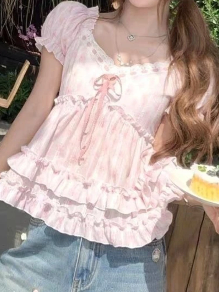 Sweet Temperament Flower Print V Neck Puff Sleeve Bow Ruffles Bandage Women Blouse