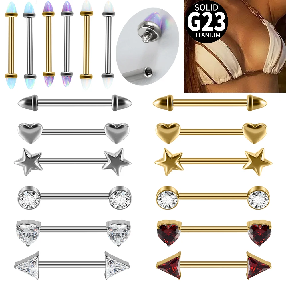 1Pair G23 Titanium Nipple Piercing 14G 16mm Straight Breast Rings Barbells Opal Zirconia Nipple Piercing Jewelry for Women Men