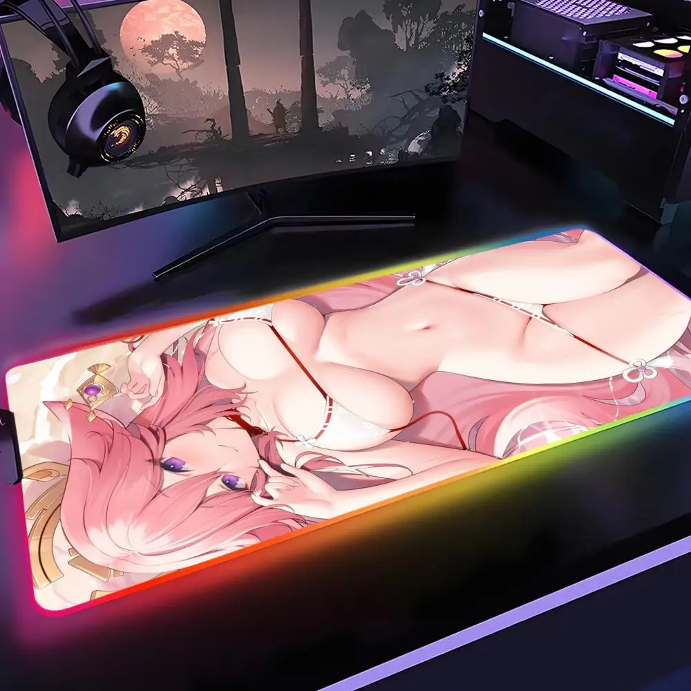 

Genshin Impact Yae Miko Sexy Girl Mouse Pad Gamer Rgb Desk Mat Back Light Led Mousepad Setup Game Deskmat Big Mousepad Backlight