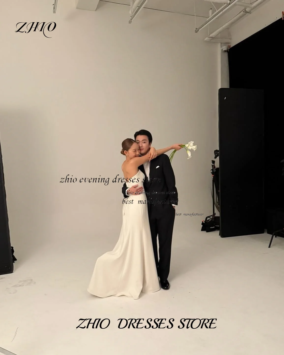 ZHIO Romantic White A-line Satin Korean Wedding Strapless Customized Corset Floor-Length Wedding Photography Bridal Dress 웨딩드레스