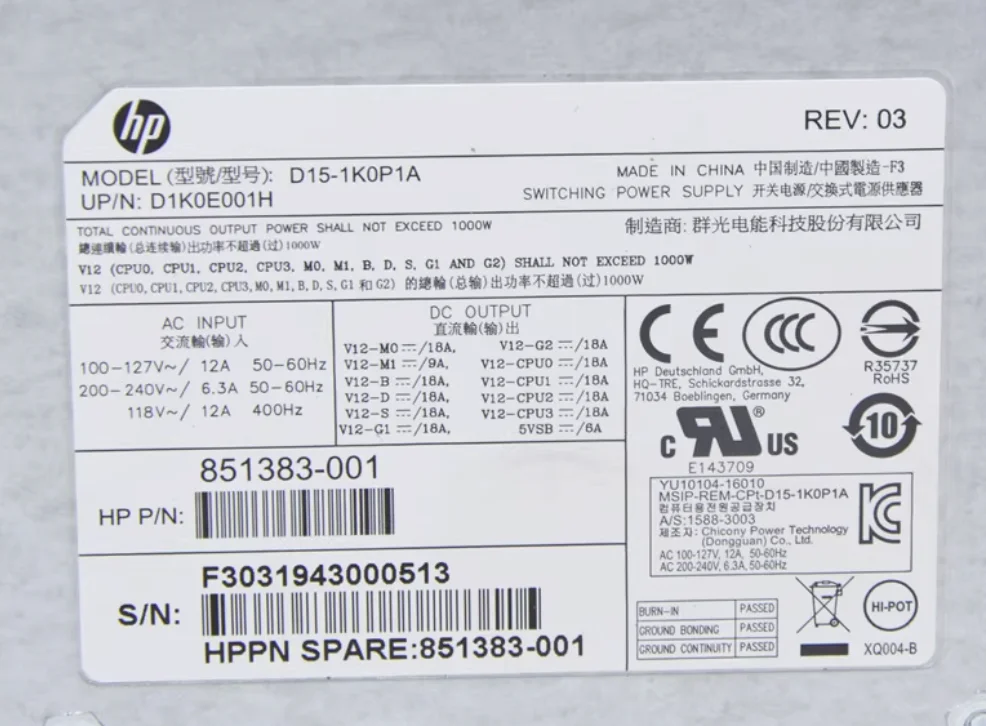 جديد الأصلي ل HP Z4 Z6 G4 851383-001 D15-1K0P1A 1000 واط PSU محطة العمل تحويل التيار الكهربائي D1K0E001H #3