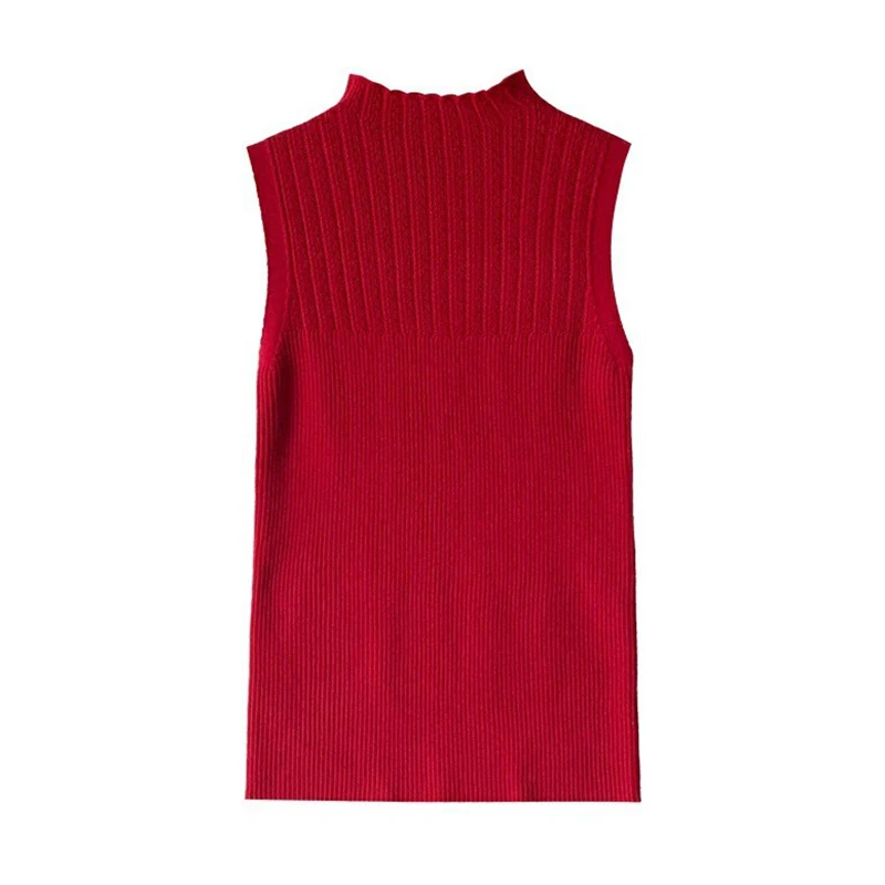 Summer Retro Half Turtleneck Knitted Tank Top Women Solid Color Sleeveless Slim Vest