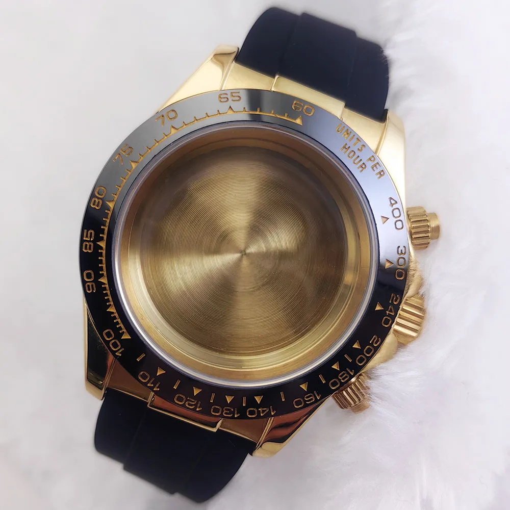 Caja de acero inoxidable dorada para reloj de 39,3 MM, hebilla deslizante dorada de goma suave negra para piezas de montaje de reloj de movimiento vk63