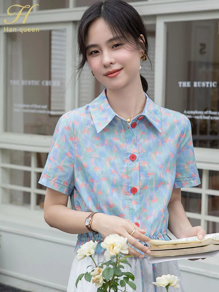 

H Han Queen Elegant Printing Loose Office Short Sleeve Casual Tops Summer Shirt Women's Blouses Korean Woman Clothing 2025 New