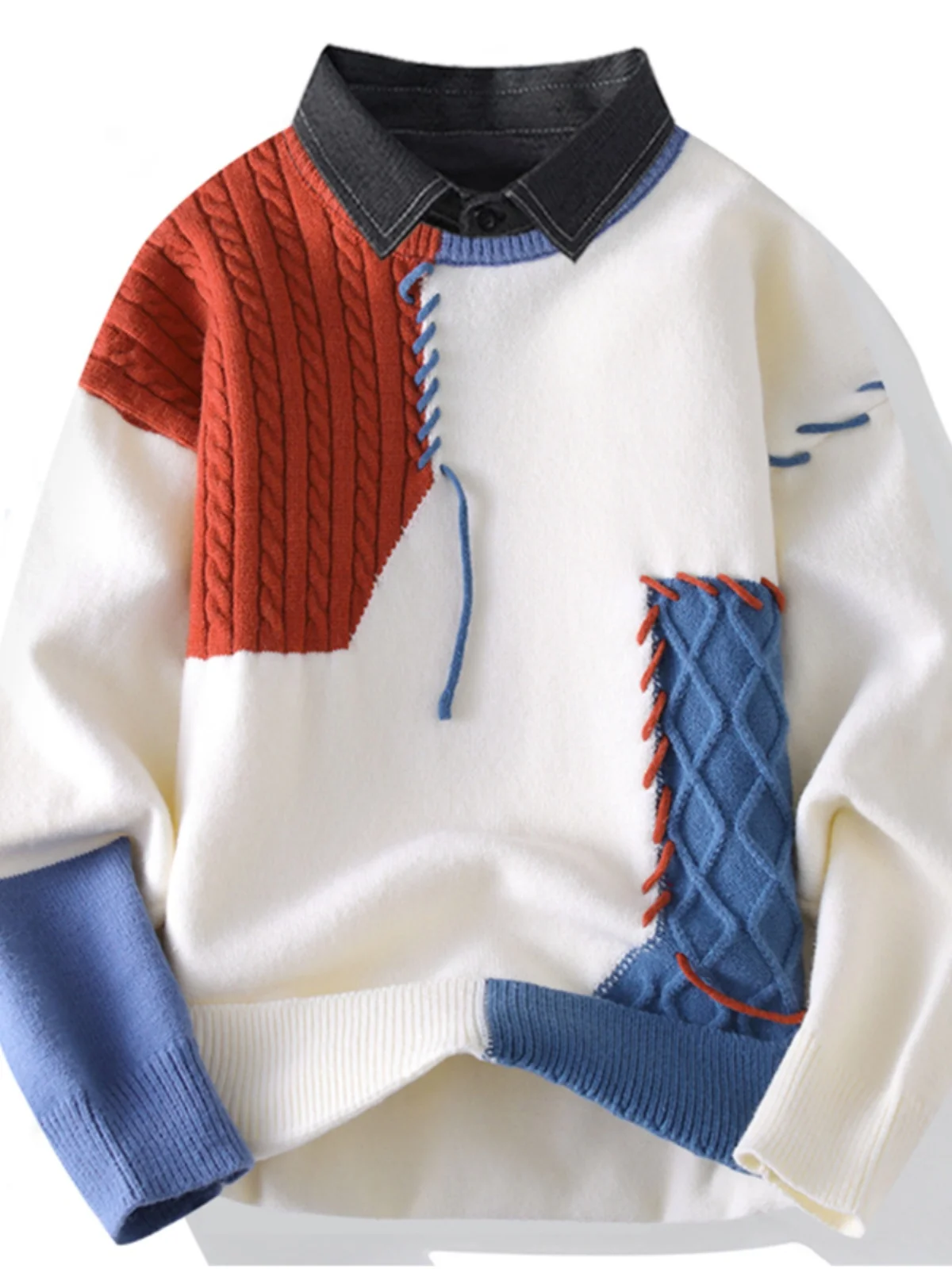 

Men's Faionable Thiened Knitted Sweater Winter Warm irt Collar Splicing Design Comfortable Soft Casual Long Sve Top