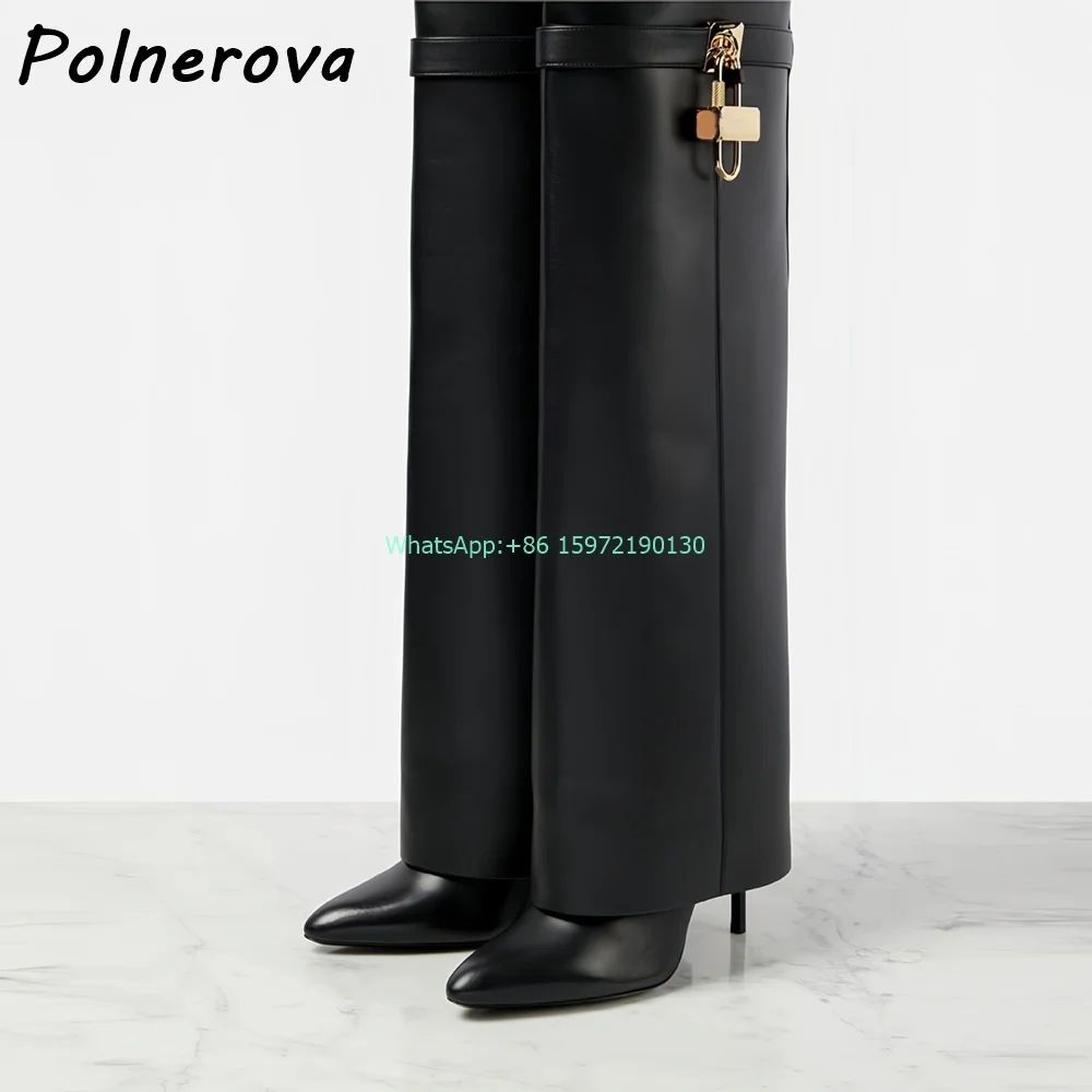 Metal Lock Solid Boots Pointy Toe 9.5Cm Thin Heels Flip Up Runway Over The Knee Boots Sexy Street Photo Fashion Boots 2024