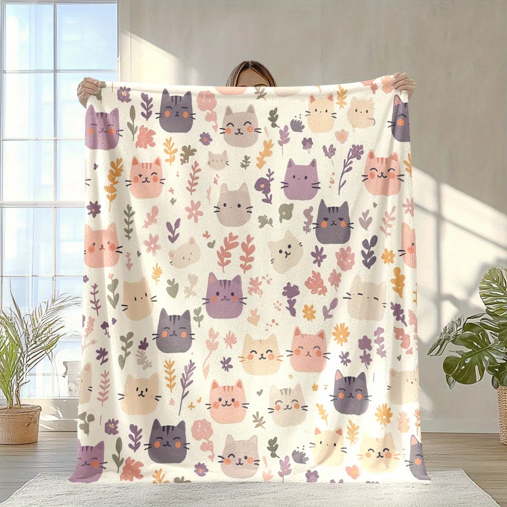 Charming Cartoon Cat Print Flannel Throw Blanket for Sofa Bedding Cozy Polyester Winter Home Decor Nursery Kids Room Gift