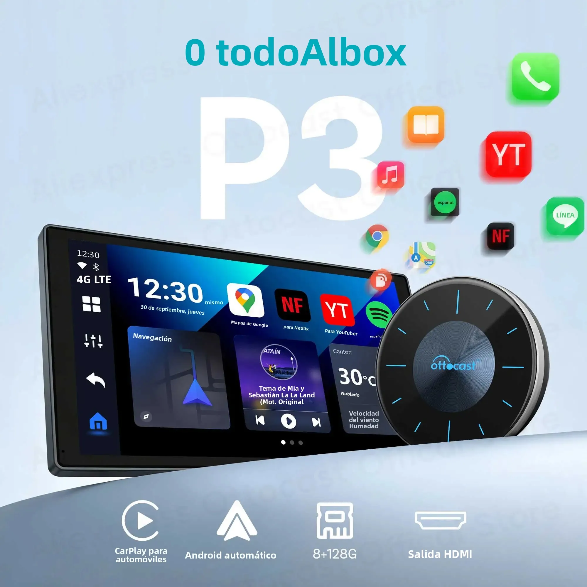OTTOCAST P3 AI Box Android TV Box para salida HDMI, CarPlay inalámbrico, Android Auto, accesorios para coche para Toyota, VW, Honda, Kia, Benz, Nissan