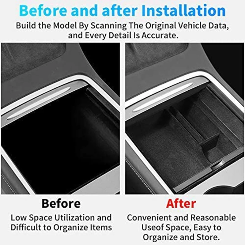 6PCS Center Console Organizer Tray Fit For 2021 Tesla Model 3/Y Armrest Cubby Drawer Storage Box Accessories (Flocking)