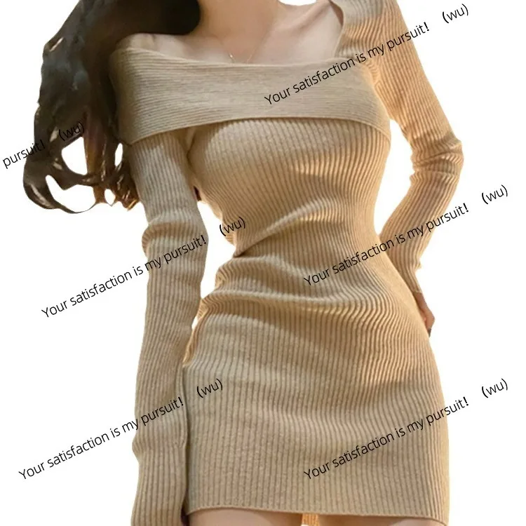 เสื้อสเวตเตอร์ไหมพรมแขนยาวทรงเข้ารูป คอเฉียง ดีไซน์กระโปรงสั้น สไตล์สาวเปรี้ยว สำหรับฤดูใบไม้ผลิและฤดูใบไม้ร่วง