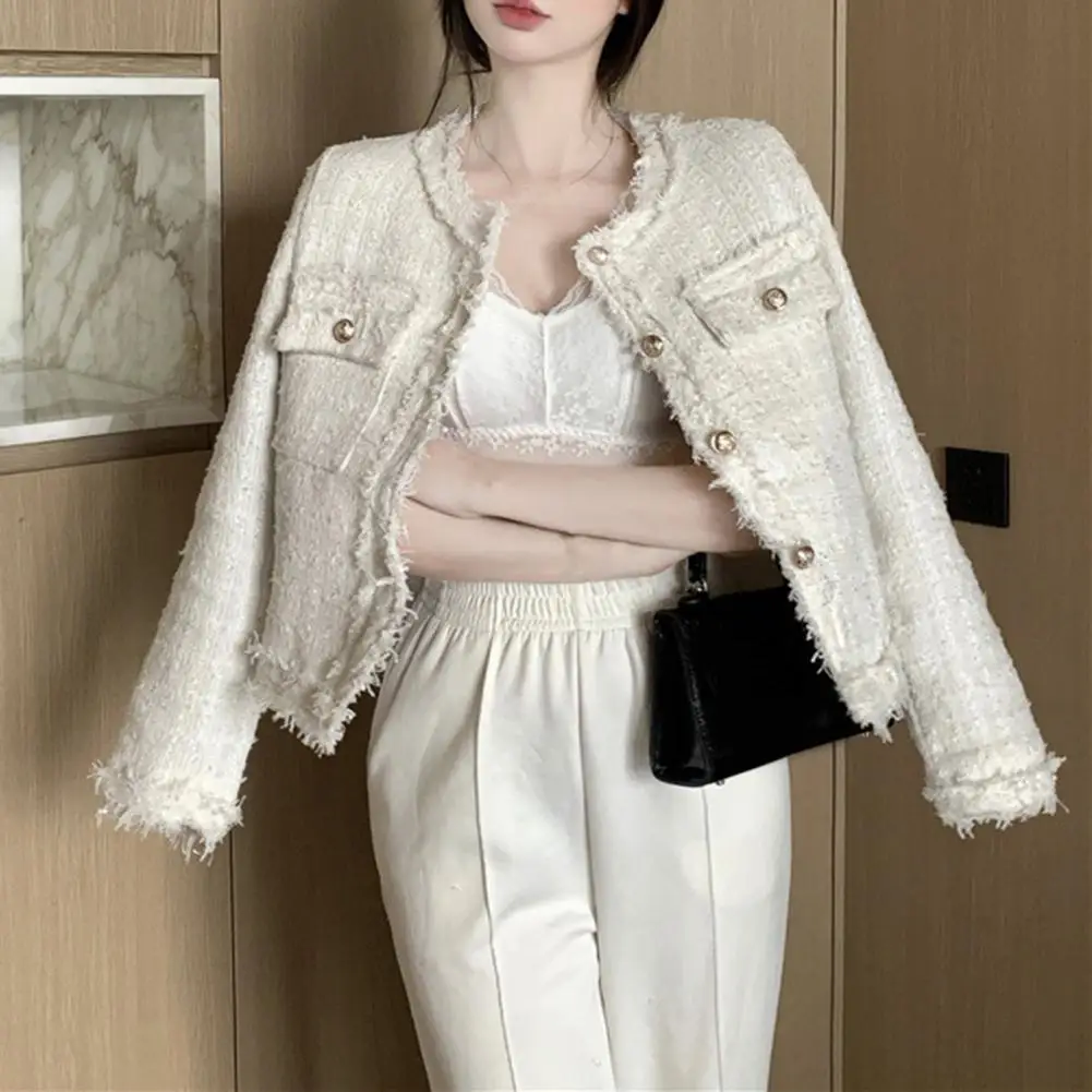 

Celebrity Style Women Short Jacket Chic French Style Socialite Coarse Tweed Short Style Small Jacket Ripped Short Cardigan Coat