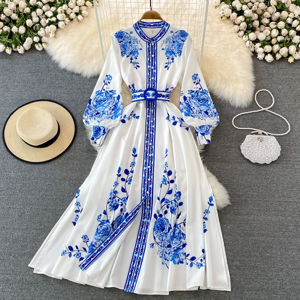 Spring Autumn Celadon Printing Stand Collar Single-breasted With Belt Long Maxi Dress