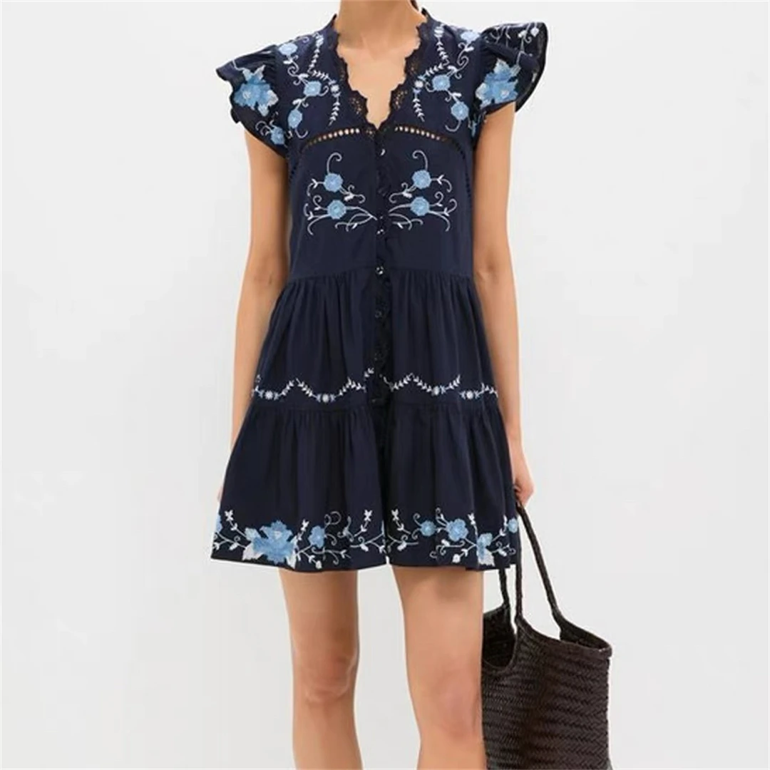 Vestido de manga corta New York Se, estilo étnico azul, cuello en V, cintura ajustada, falda corta estilo francés, bordado de...